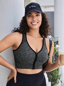 大碼拉鏈開襟撞色滾邊運動型胸罩 - 深灰色 - 查看 5