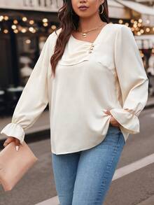 Celure Plus Asymmetrical Neck Flounce Sleeve Ruched Front Blouse - Apricot - View 3