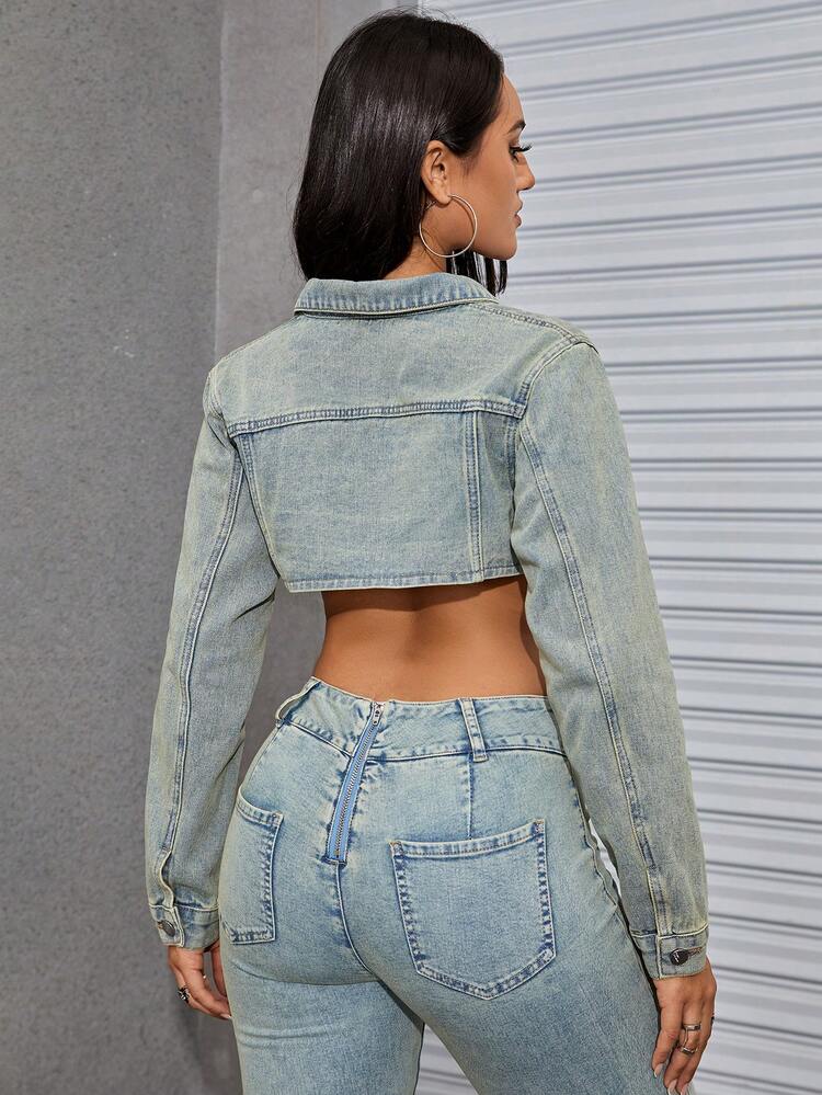 Flap Pocket Asymmetrical Hem Crop Denim Jacket