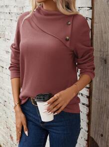 SHEIN LUNE Solid Button Detail Asymmetrical Neck Drop Shoulder Sweatshirt - Rusty Rose - View 4