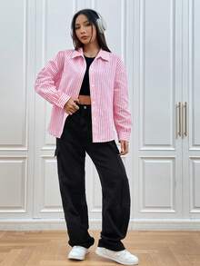 SHEIN EZwear Striped & Letter Graphic Drop Shoulder Shirt - Pink - View 3