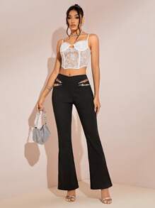 SHEIN Allurite Women's Fashionable Elegant Crystal Decor Hollow Out Slim Flare Pants