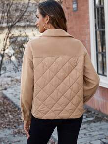SHEIN LUNE Thả vai Cúc bấm Áo khoác Quilted - Màu be - Xem 3