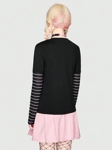 ROMWE Anime Đồ họa Chữ cái Sọc Áo thun - Nhiều màu - Xem 3