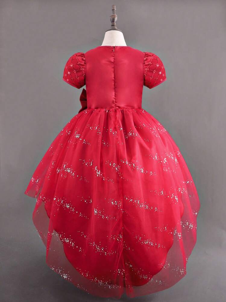 Tween Girl Polka Dot Embroidery Bow Front High Low Hem Gown Dress for Christmas
