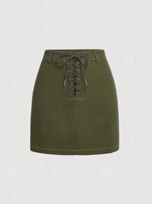 SHEIN MOD Lace Up Front Skirt - Army Green - View 1