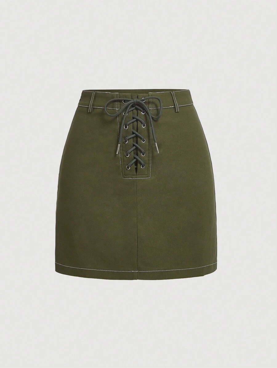 SHEIN MOD Lace Up Front Skirt - Army Green - View 1