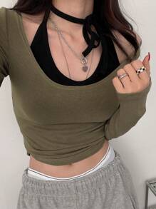 DAZY Solid Ruched Side 2 In 1 Crop Tee Long Sleeve Women Tops - Army Green - View 5
