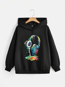 SHEIN EZwear Plus Size Headphone Print Drop Shoulder Sweatshirt - Black - View 1