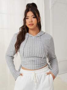 SHEIN EZwear 大碼側抽繩抽繩連帽T恤 - 淺灰色 - 查看 1