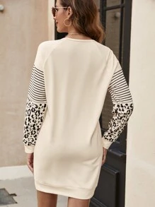 SHEIN LUNE Striped & Leopard Print Drop Shoulder Sweatshirt Dress - Apricot - View 2