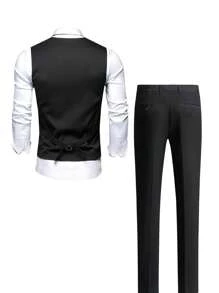 Men Button Up Blazer Vest & Suit Pants Without Shirt - Black - View 2