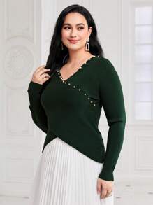 Modelyn Plus Pearls Beaded Crossover Sweater - Dark Green - View 5