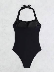 Summer Beach Women's One-Piece Halter Swimsuit Black Bathing Suit - Black - View 3