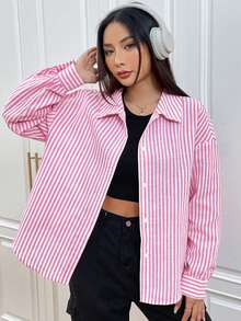SHEIN EZwear Striped & Letter Graphic Drop Shoulder Shirt - Pink - View 2