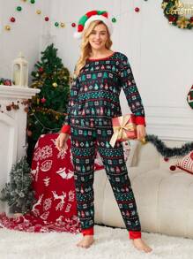 Conjunto de pijama familia acompañado con estampado de Navidad ribete en contraste para Navidad - Negro - Ver 2