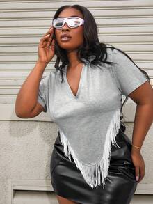 Slaydiva 大碼流蘇邊不對稱下擺T恤 - 灰色 - 查看 4