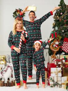 Conjunto de pijama familia acompañado con estampado de Navidad ribete en contraste para Navidad - Negro - Ver 1