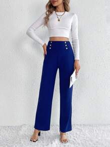 SHEIN Tall 高腰紐扣細節直筒褲 - 藍色 - 查看 5