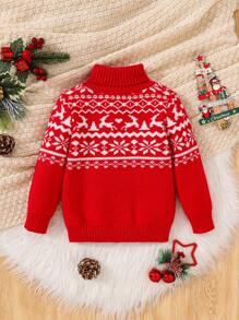 SHEIN 男小童聖誕麋鹿&幾何圖案高領套頭毛衣適用於聖誕 - 紅色 - 查看 2