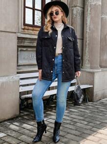 Calvaya 加盖口袋落肩绗缝夹棉大衣冬季服装 - 黑色 - 查看 6