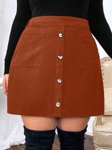 Calvaya 大碼高腰前紐扣半身裙 - 鏽棕色 - 查看 3