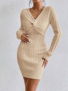 SHEIN Privé Mặt trước xoắn Xoắn Dan Váy len bó sát - Màu be - Xem 6