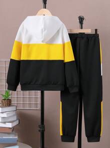 SHEIN Conjunto de moletom com capuz e calça de moletom para meninos pré-adolescentes, lã espessada, casual, solta, bloco de cores