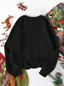 SHEIN EZwear 奶牛圖案加絨內裏運動衫 - 黑色 - 查看 2