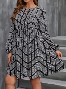 SHEIN LUNE Plus Allover Print Lantern Sleeve Dress - Black and White - View 3