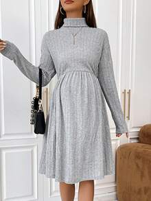SHEIN Thai sản Áo cao cổ Đồ đan Ribbed Đầm - Xám - Xem 5