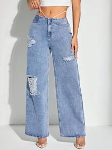 SHEIN BAE Jeans mit Riss, weitem Beinschnitt, - Blau - Übersicht 1
