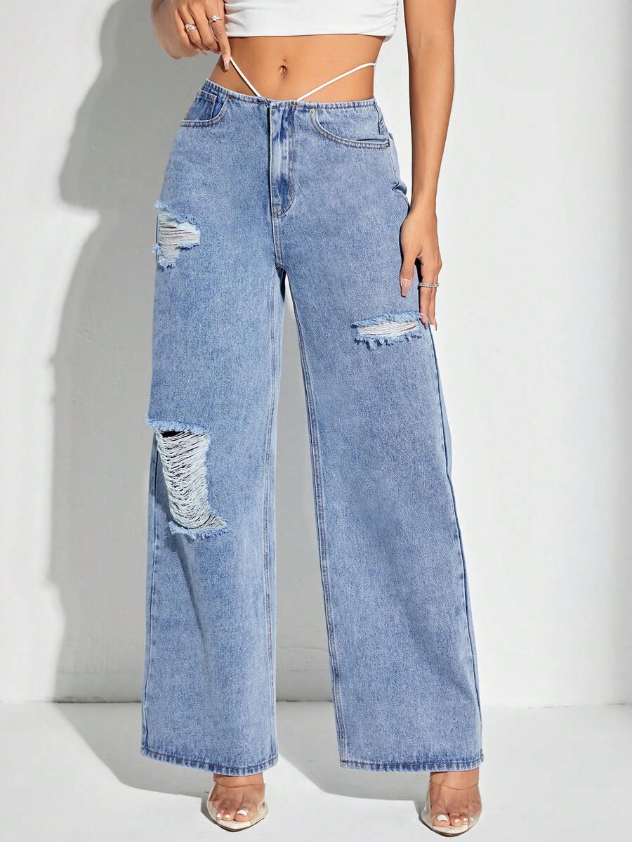SHEIN BAE Jeans mit Riss, weitem Beinschnitt, - Blau - Übersicht 1