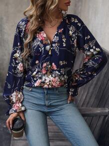 EMERY ROSE In hoa tay áo lá sen Áo sơ mi - Màu xanh hải quân - Xem 4