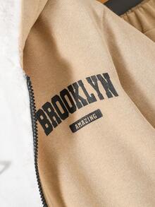 SHEIN 男嬰標語圖案毛絨內襯連帽夾克和運動褲不帶T恤 - 卡其色 - 查看 5