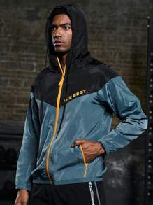 Gym Rark Men Letter Graphic Colorblock Zip Up Hooded Sports Jacket Workout Tops Sports Jacket - Dark Grey - View 3