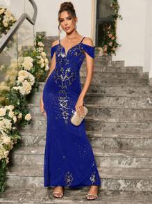 Cold Shoulder Sequin Decor Mermaid Hem Formal Dress (Flower Position Is Random) - Royal Blue - View 3