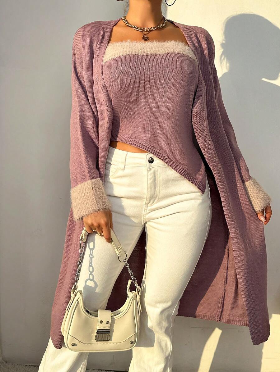 Zolique Fuzzy Trim Drop Shoulder Cardigan & Knit Top - Mauve Purple - View 1
