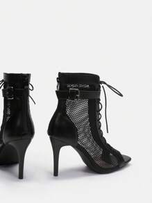 CUCCOO SZL 高跟露趾方头网眼镂空系带靴 - 黑色 - 查看 4