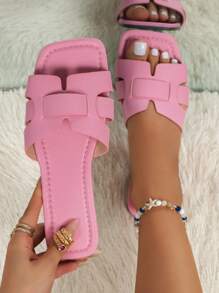 女士休閒平底涼鞋，夏季開放式編織羅馬風格時尚法式搭配海灘度假波西米亞風格平底涼鞋海灘拖鞋 - 粉色 - 查看 1