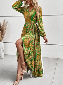 SHEIN VCAY Scarf Print Knot Side Wrap Dress - Green - View 6