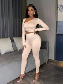 BamGleam Asymmetrical Neck Drawstring Side Crop Tee & Leggings Fall Cloth For Women - Khaki - View 6