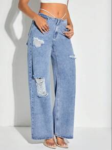 SHEIN BAE Jeans mit Riss, weitem Beinschnitt, - Blau - Übersicht 5