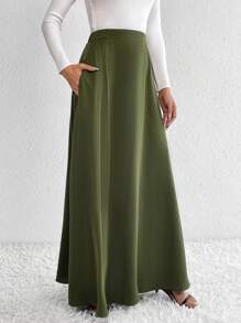 SHEIN Tall Falda larga unicolor de talle alto línea A - Verde Oscuro - Ver 3