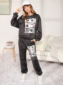 SHEIN Teen Girl Figure Graphic Drop Shoulder Pullover & Sweatpants - Grey - View 1