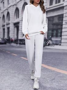 SHEIN LUNE 落肩袖連帽衫和運動褲 - 白色 - 查看 5