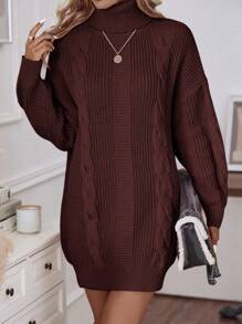 EMERY ROSE 高領麻花編織落肩袖毛衣洋裝