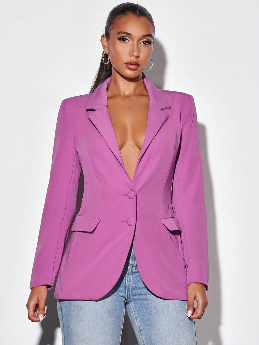 SHEIN BAE 西裝領單釦西裝外套 - 紫色 - 查看 1