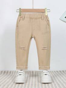 女嬰破洞毛邊牛仔褲 - 卡其色 - 查看 1