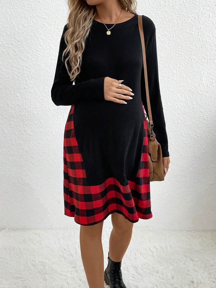 Maternity Buffalo Plaid Print Dress